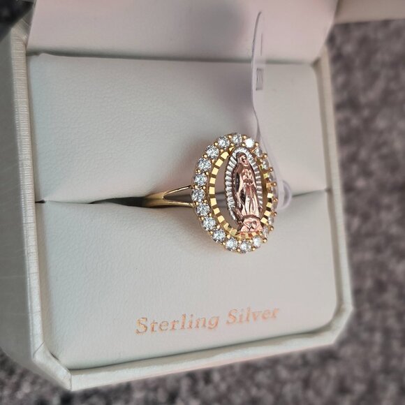 Cynthia White Yellow & Rose Three Color Virgin Mary Cubic Zirconia Ring Size:8 - Picture 2 of 3